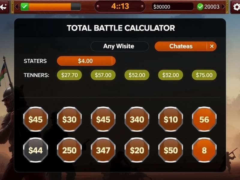 Total Battle Calculator इंटरफेस दिखाता हुआ सेना शक्ति और संसाधन गणना