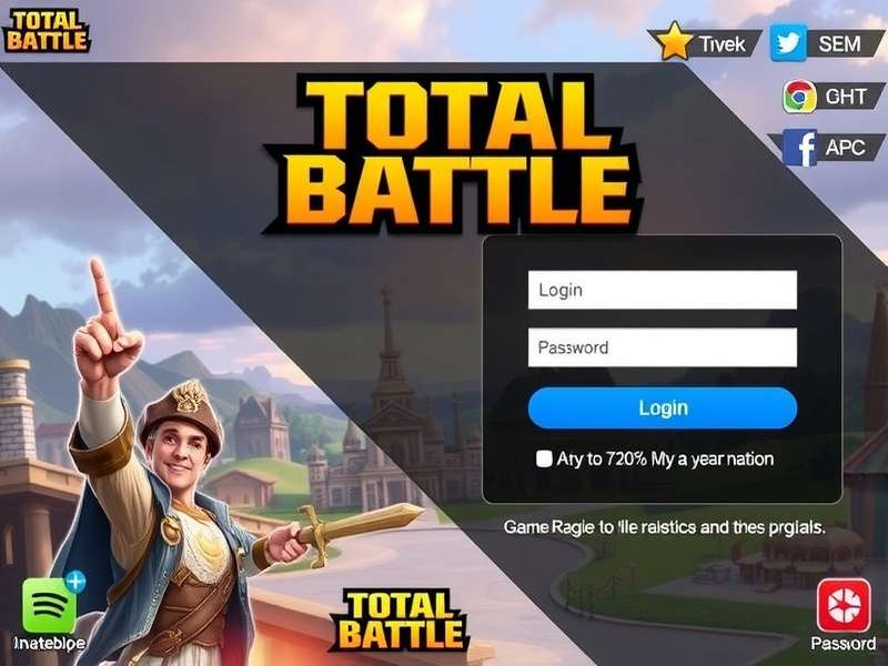Total Battle login with email and password interface showing a warrior commander in front of a fortress, with login form overlay