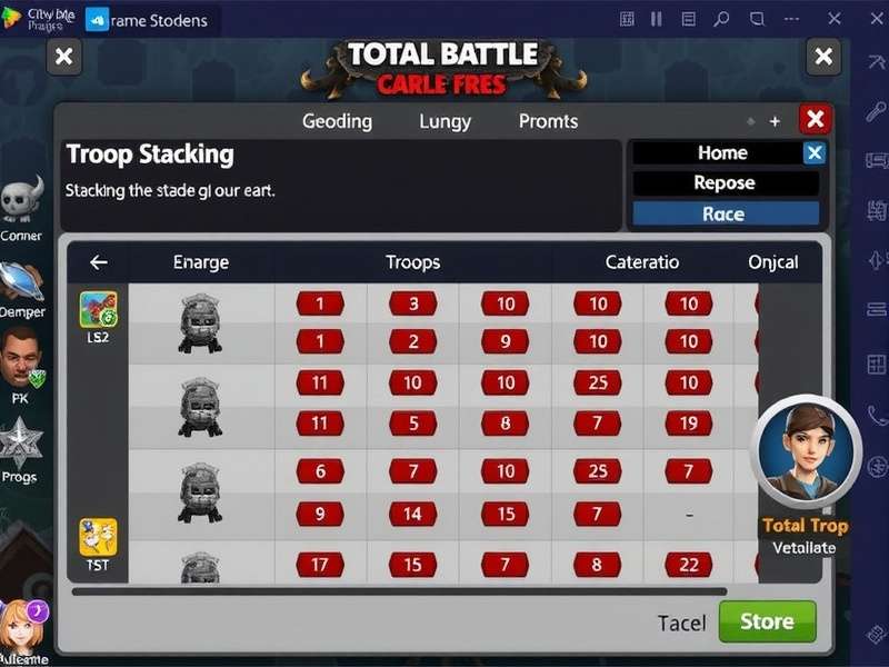 Total Battle Troop Stacking Calculator strategy dashboard showing troop formations and power metrics